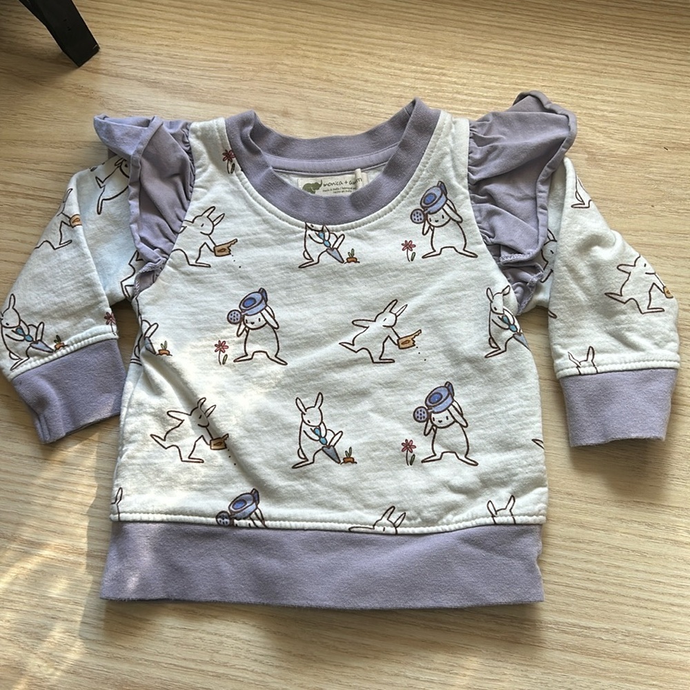 Monica + Andy Double Ruffle Sweatshirt Rabbit Print. 12-18mo